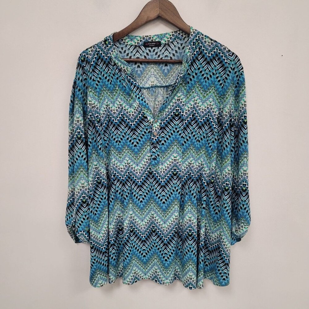 Cocomo Womens Liquid Knit Geometric Top Size 3X Blue Roll Tab Sleeve Y Neck
